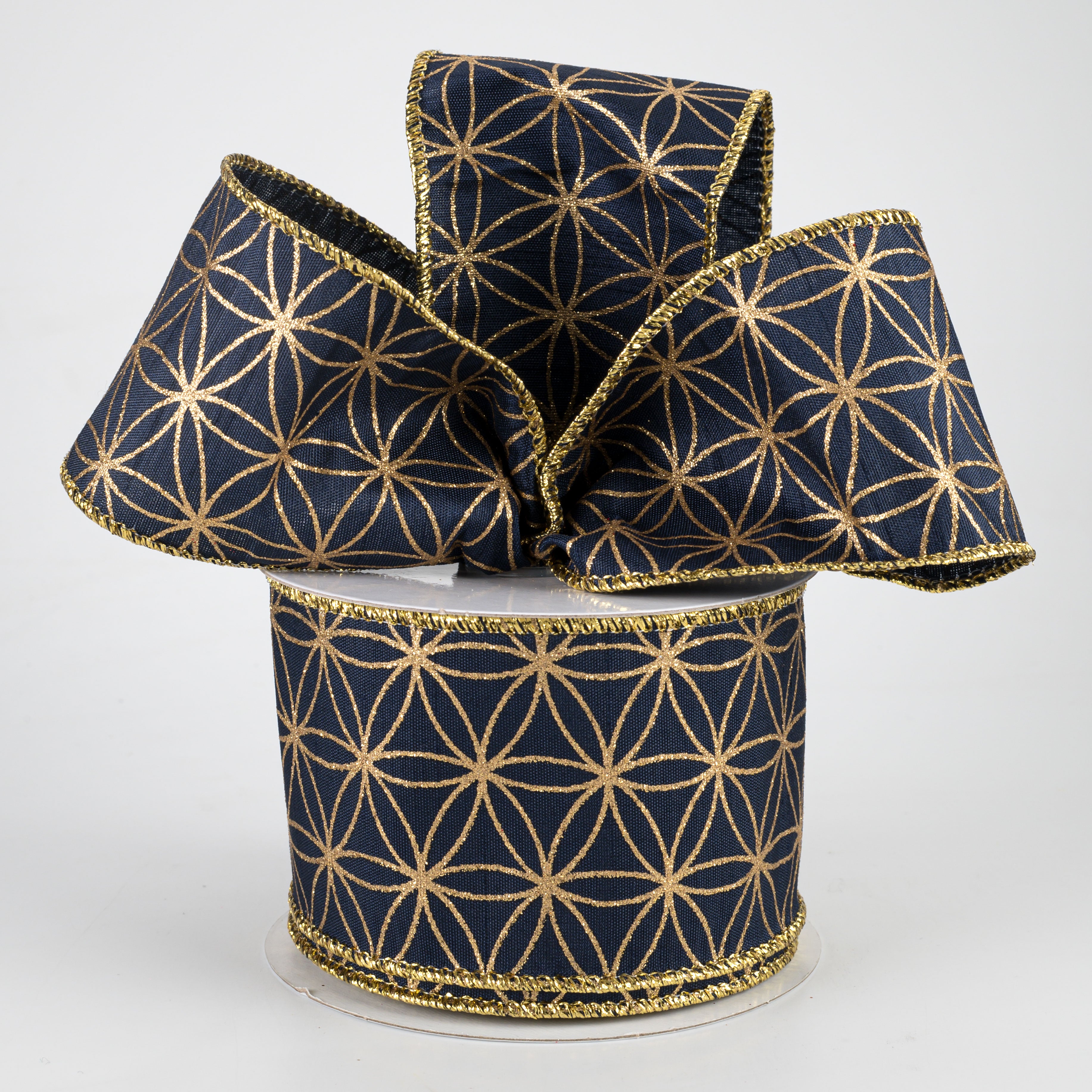 2.5" Seamless Stars Dupioni Ribbon: Navy Blue & Gold (10 Yards)