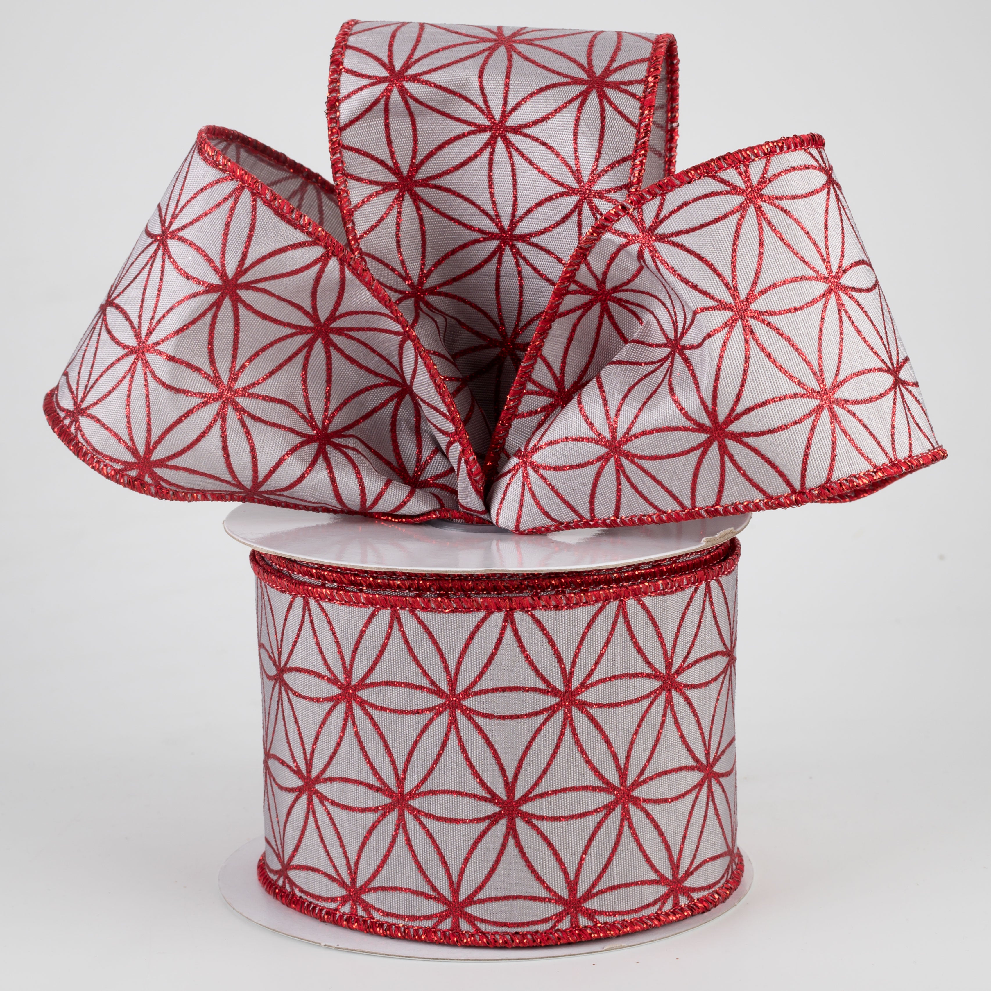 2.5" Seamless Stars Dupioni Ribbon: Silver Grey & Red (10 Yards)