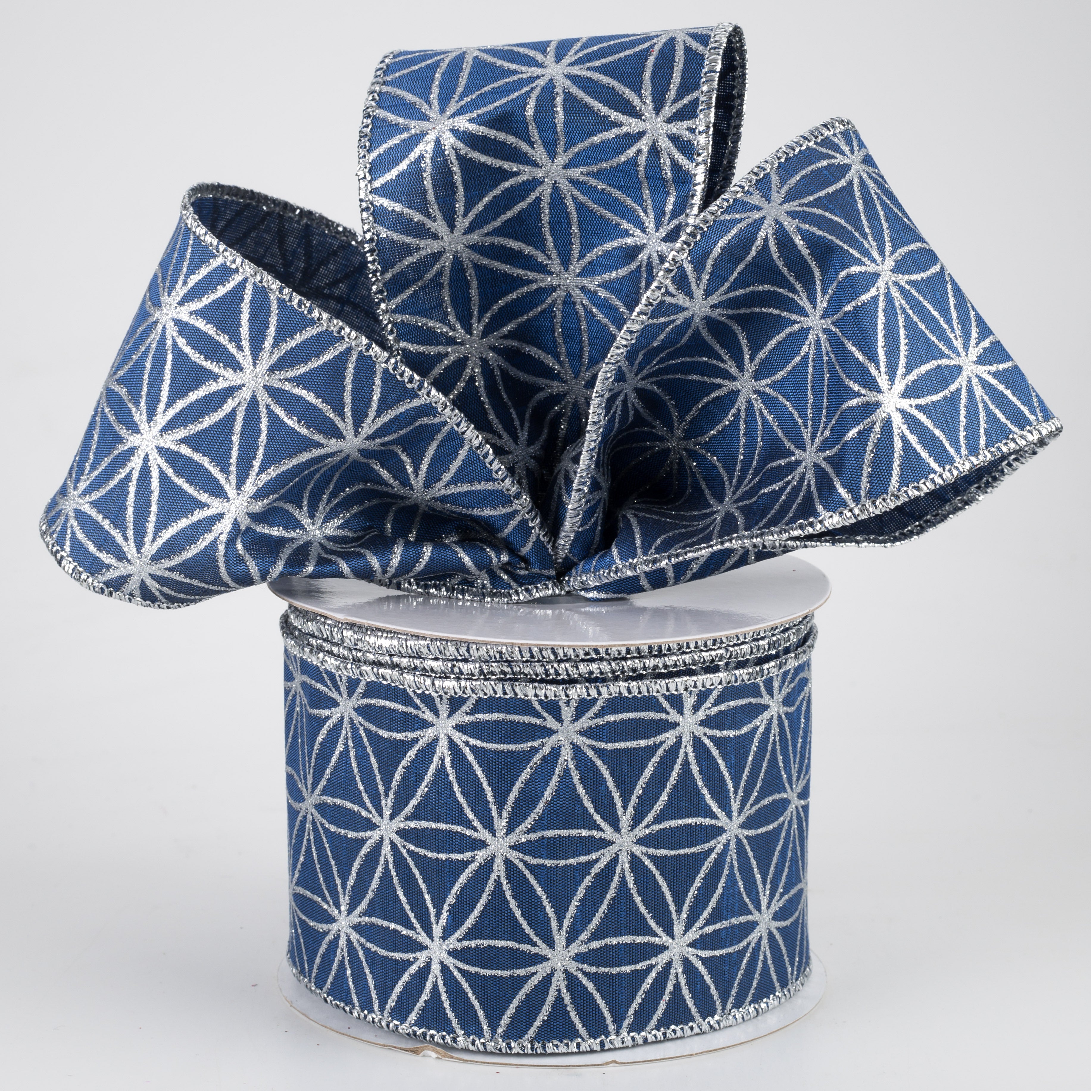 2.5" Seamless Stars Dupioni Ribbon: Royal Blue & Silver (10 Yards)