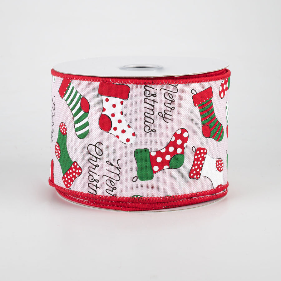 2.5" Christmas Stockings Ribbon: Pink (10 Yards)