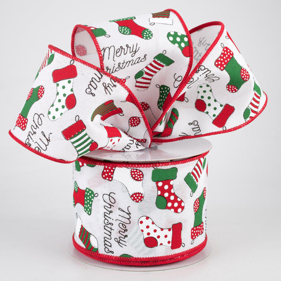 2.5" Christmas Stockings Ribbon: White (10 Yards)