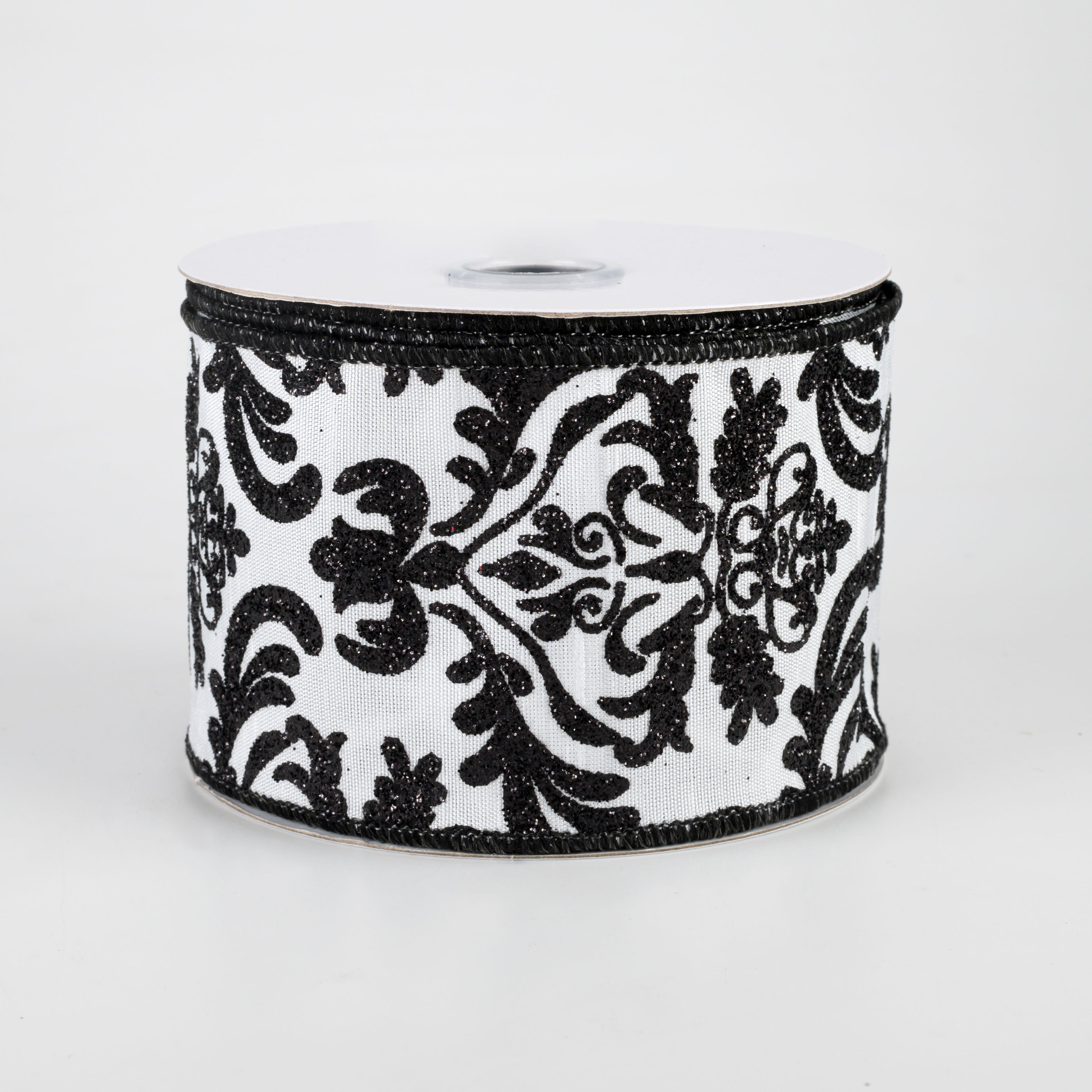 2.5" Bold Damask Dupioni Ribbon: White & Black (10 Yards)