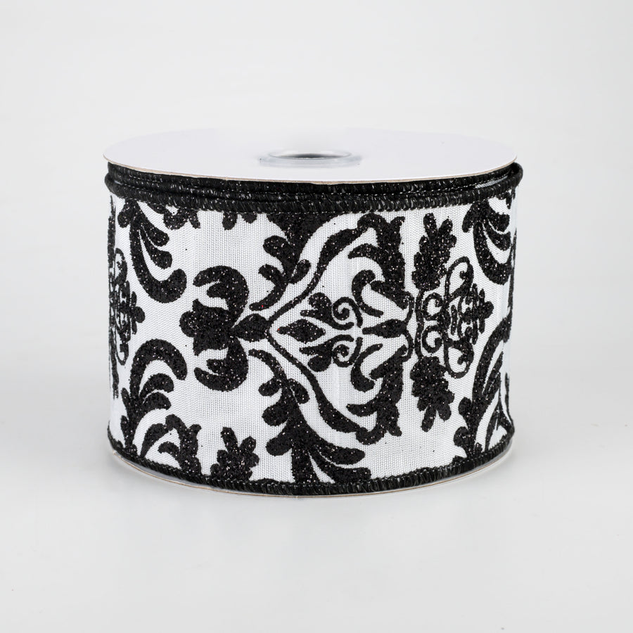 2.5" Bold Damask Dupioni Ribbon: White & Black (10 Yards)