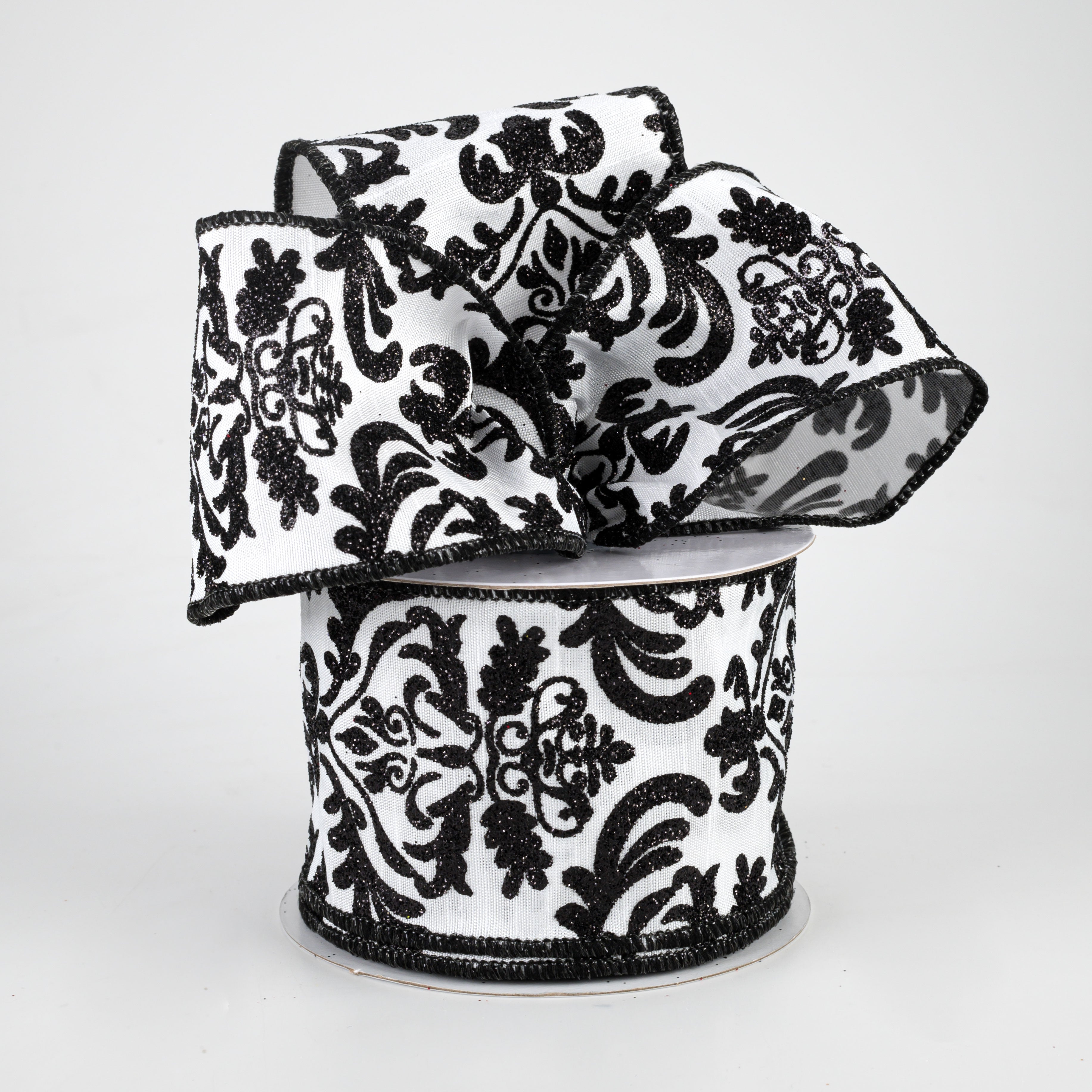 2.5" Bold Damask Dupioni Ribbon: White & Black (10 Yards)