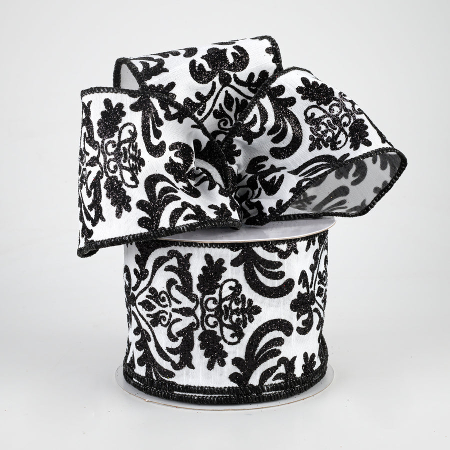 2.5" Bold Damask Dupioni Ribbon: White & Black (10 Yards)