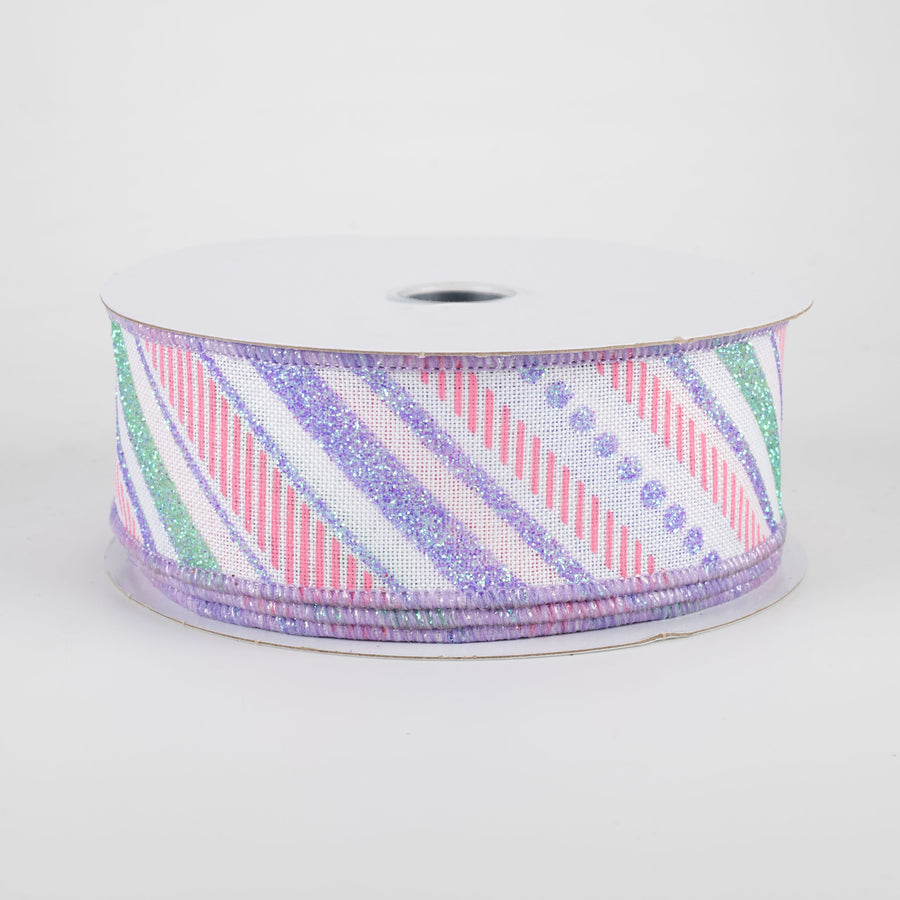 1.5" Multi Diagonal Glitter Stripes Ribbon: Easter (10 Yards)