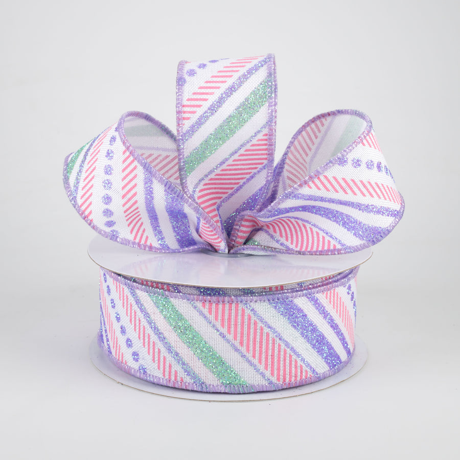 1.5" Multi Diagonal Glitter Stripes Ribbon: Easter (10 Yards)