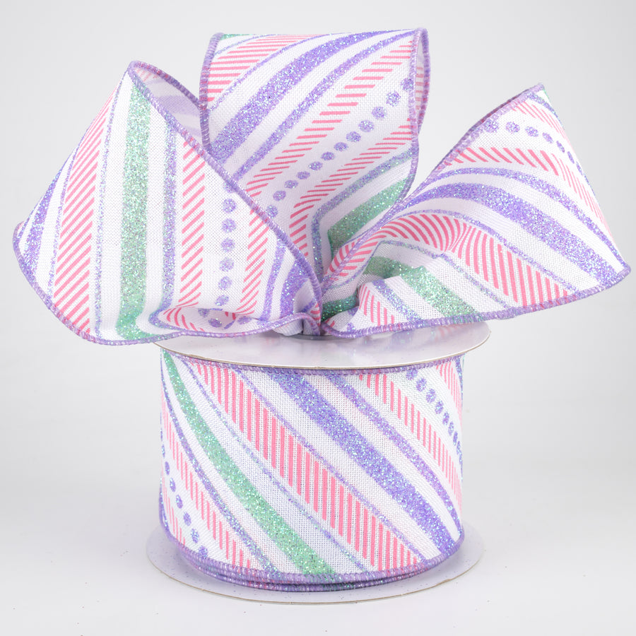 2.5" Multi Diagonal Glitter Stripes Ribbon: Easter (10 Yards)