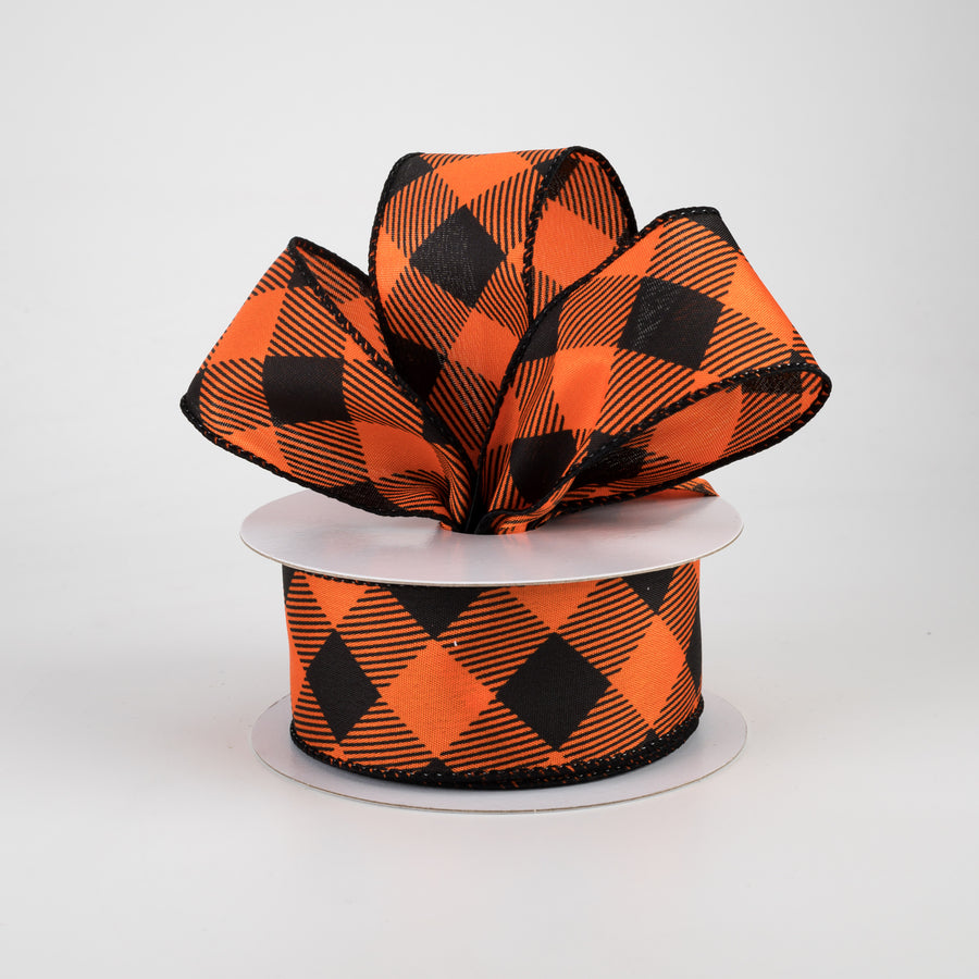 1.5" Diagonal Buffalo Plaid Ribbon: Orange & Black (10 Yards)