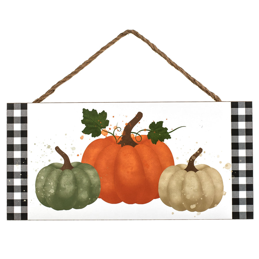 12" Wooden Sign: Watercolor Pumpkins, Check Border