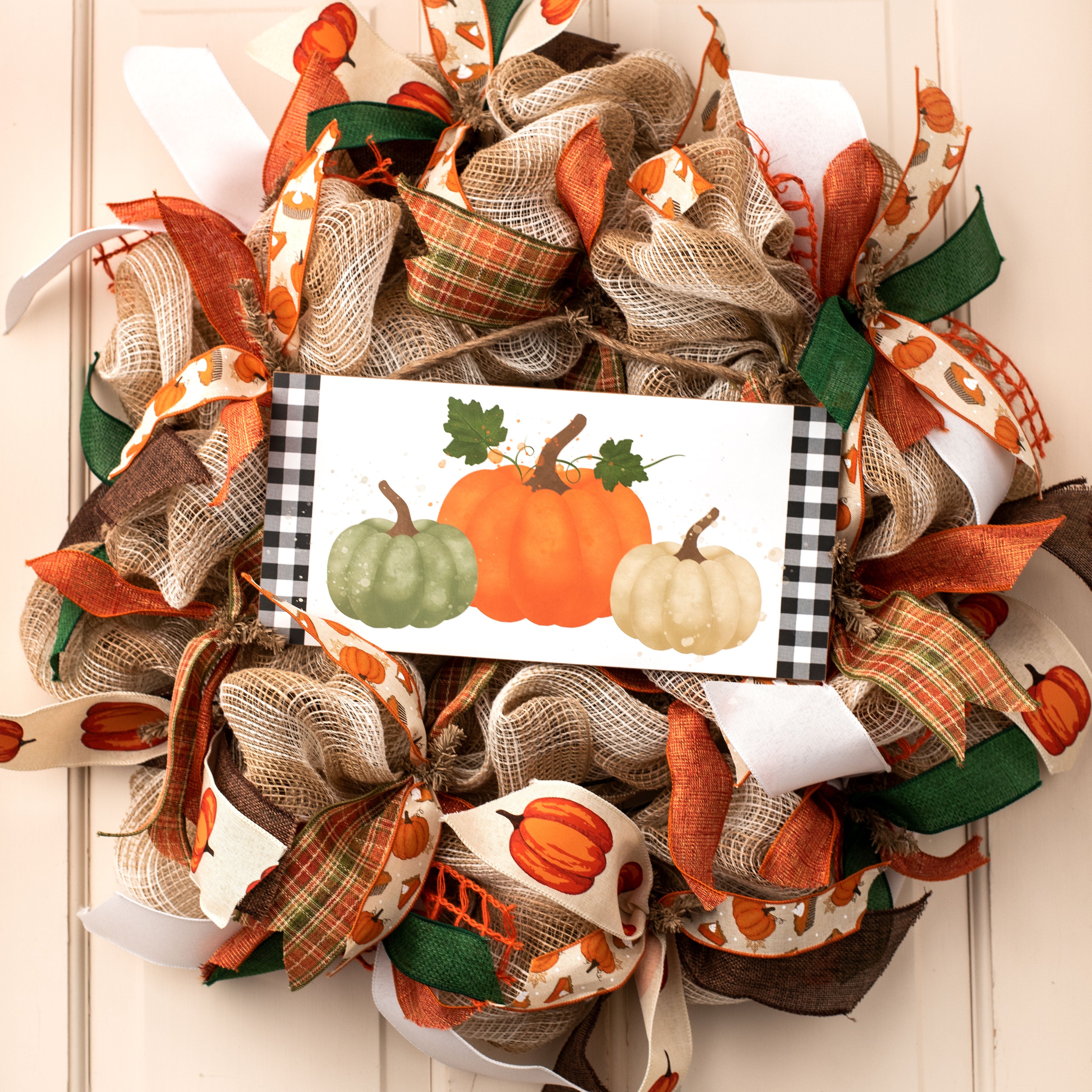 12" Wooden Sign: Watercolor Pumpkins, Check Border