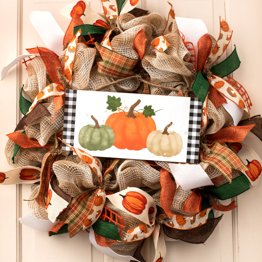 12" Wooden Sign: Watercolor Pumpkins, Check Border