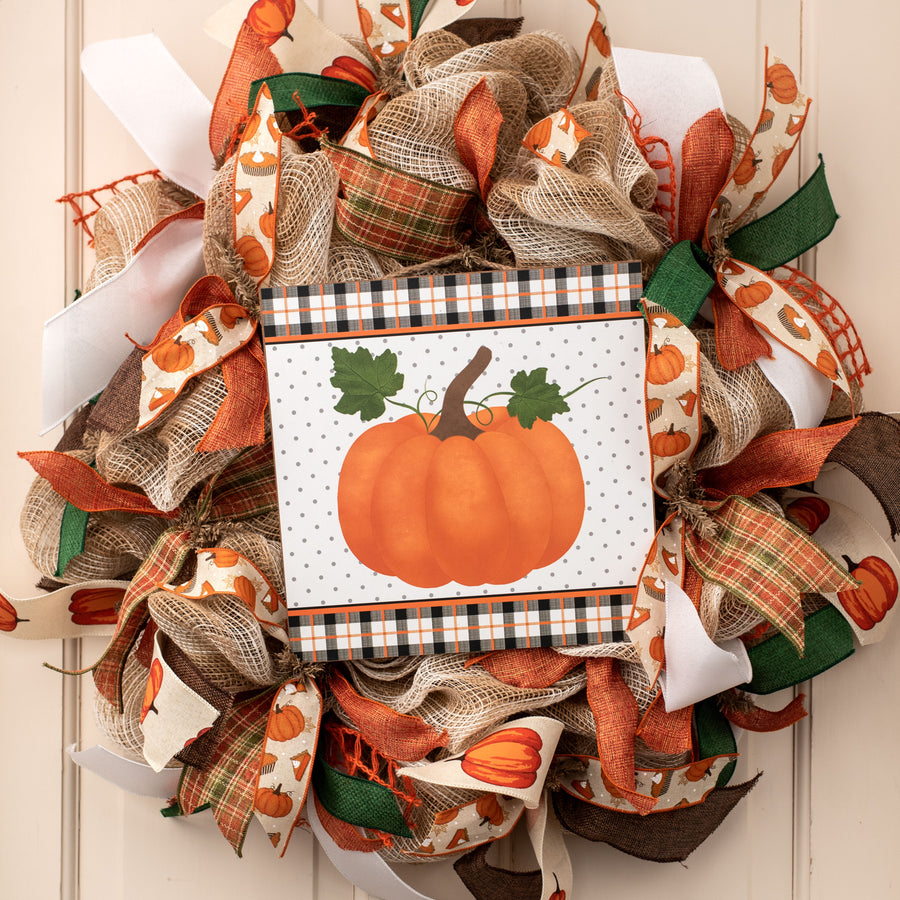 10" Square Wooden Sign: Pumpkin With Plaid Border