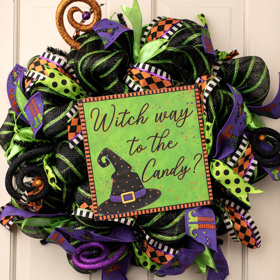 10" Square Wooden Sign: Witch Way To The Candy