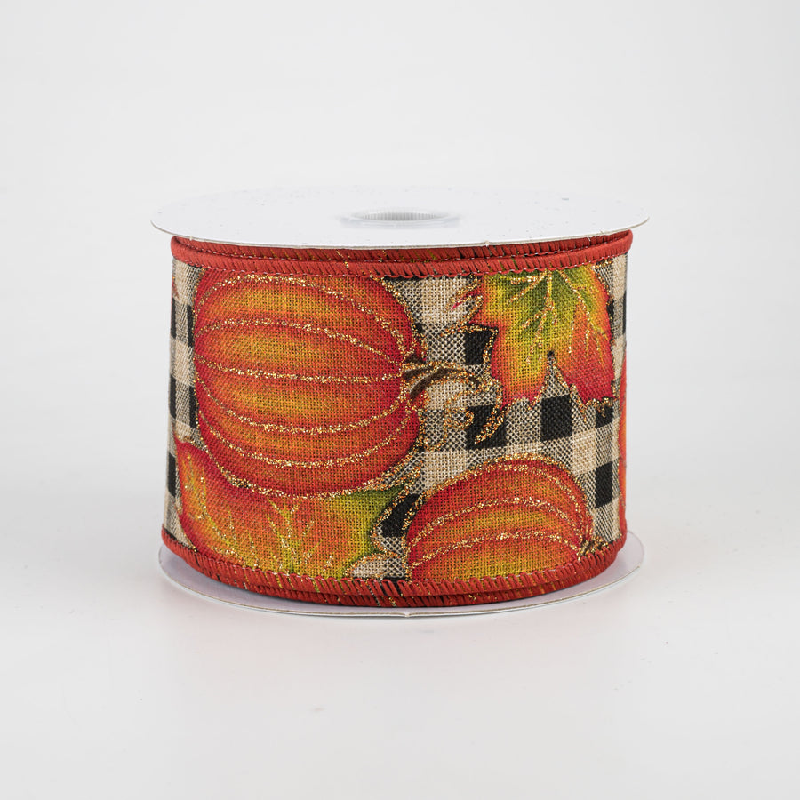 2.5" Glitter Pumpkin Check Ribbon: Black & Natural (10 Yards)