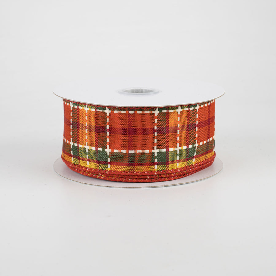 1.5" Woven Dashed Line Fall Plaid Ribbon (10 Yards)