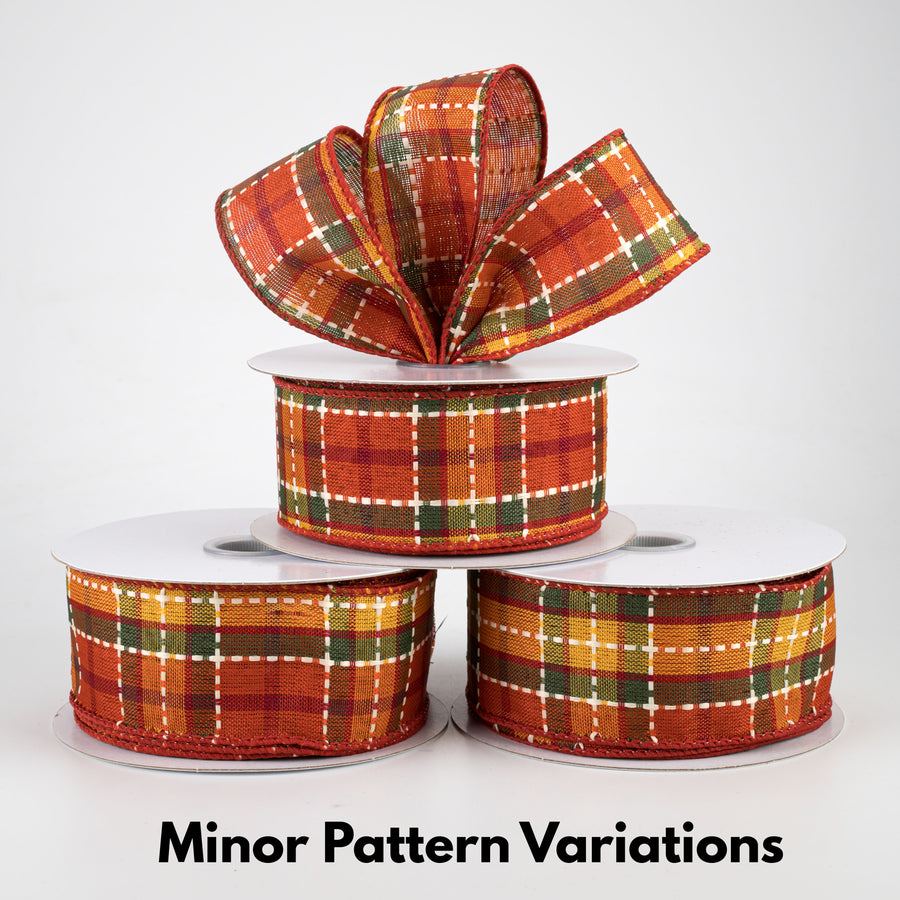 1.5" Woven Dashed Line Fall Plaid Ribbon (10 Yards)