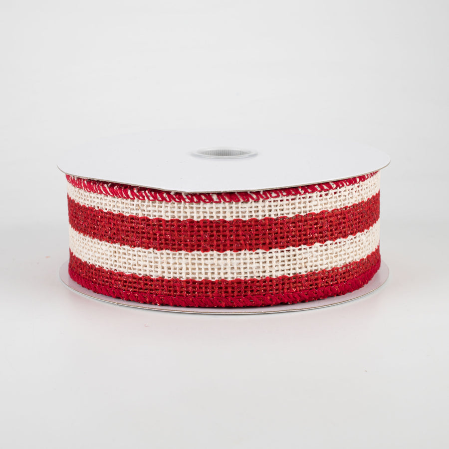 1.5" Ivory Striped Burlap Ribbon: Red (10 Yards)