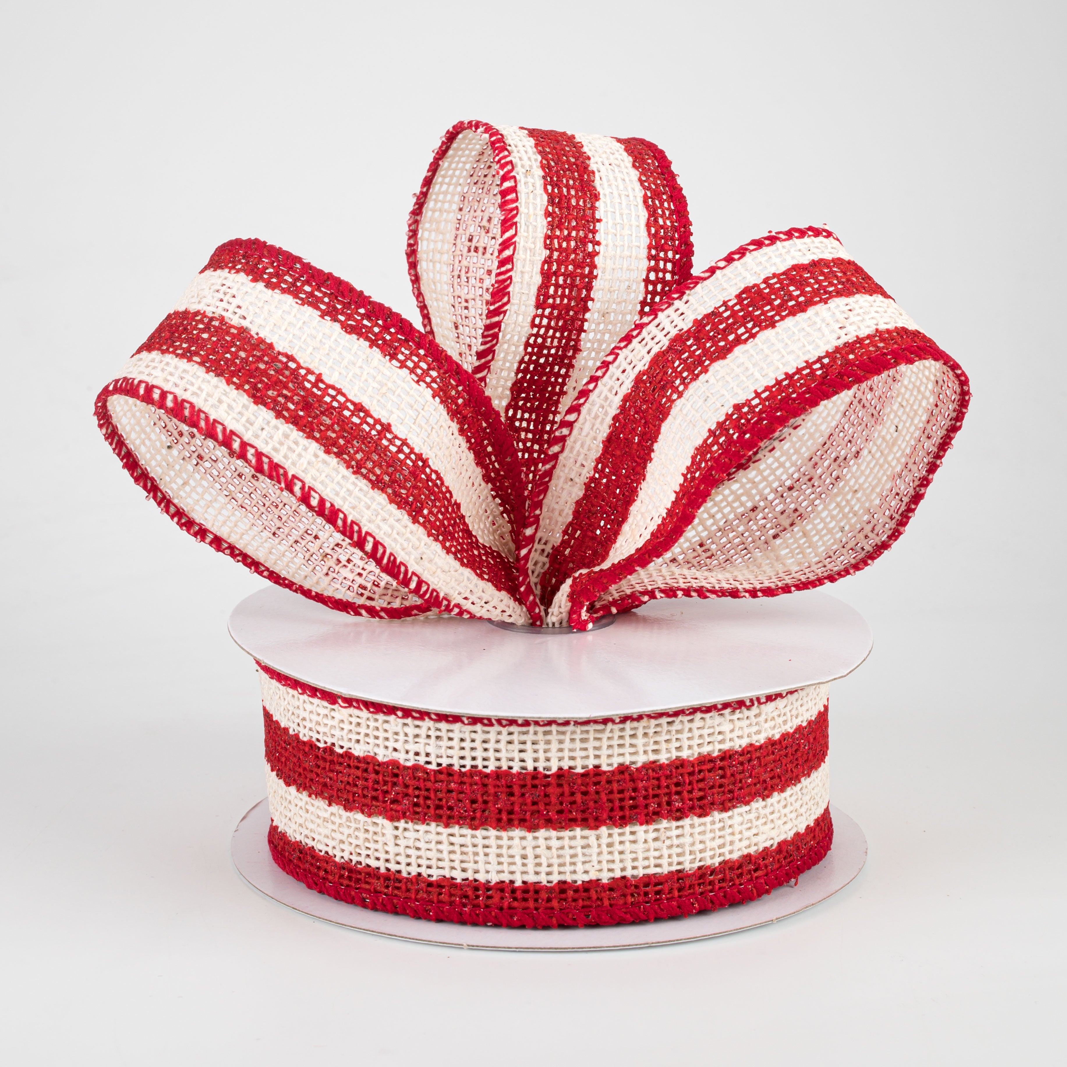 1.5" Ivory Striped Burlap Ribbon: Red (10 Yards)