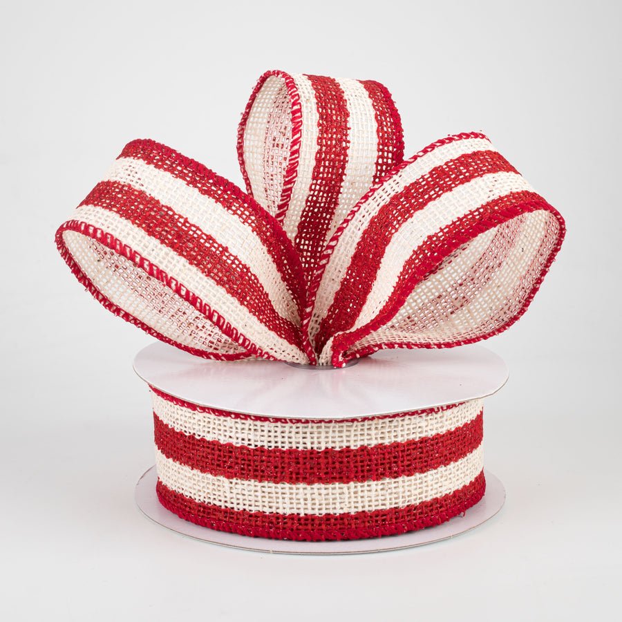 1.5" Ivory Striped Burlap Ribbon: Red (10 Yards)