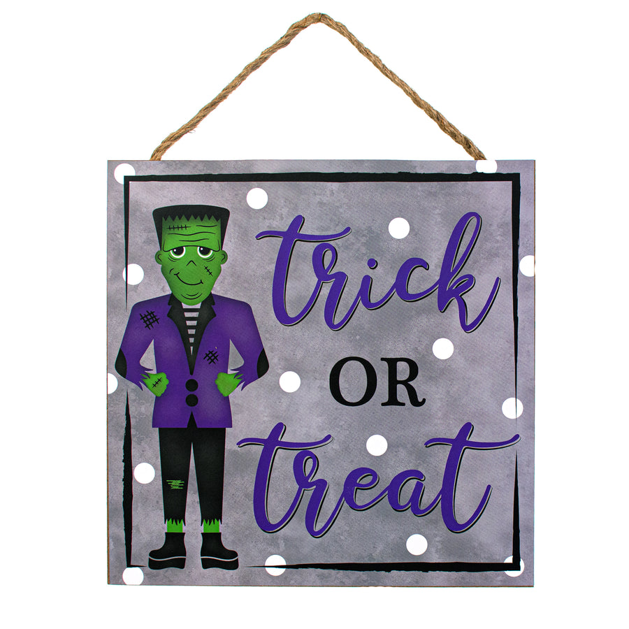 10" Square Wooden Sign: Trick Or Treat Frankenstein