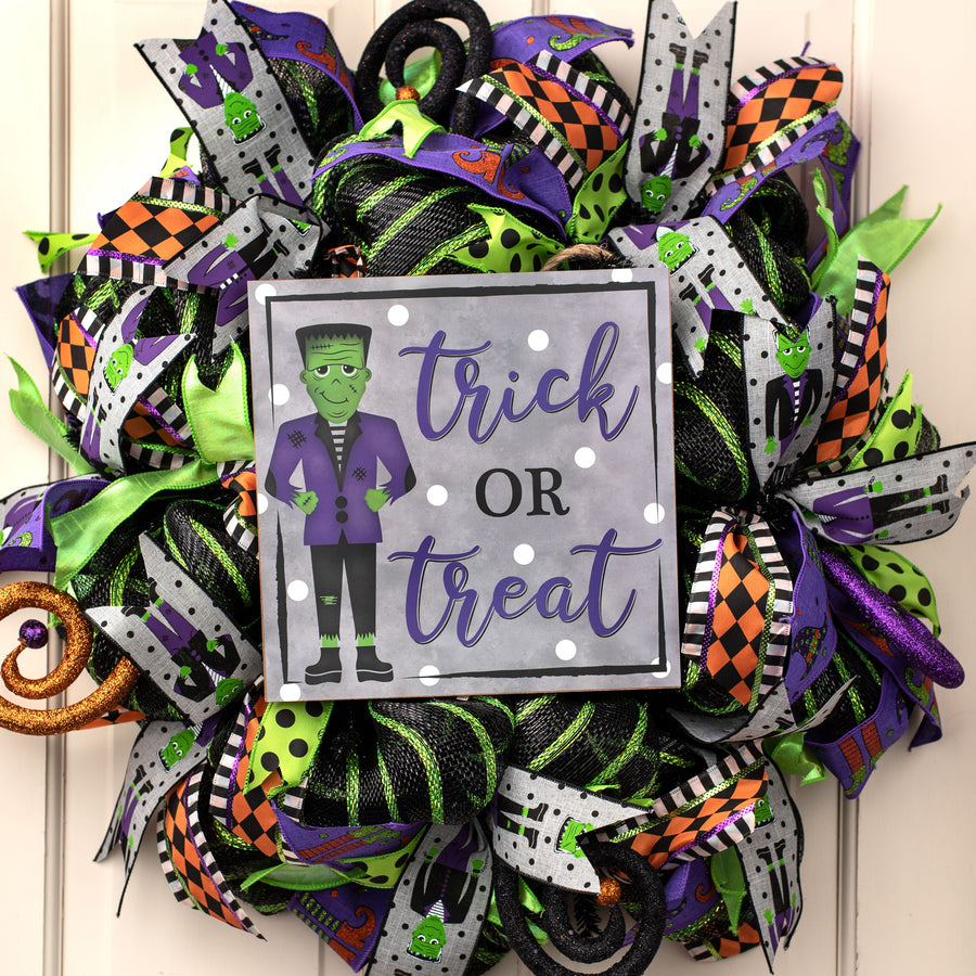 10" Square Wooden Sign: Trick Or Treat Frankenstein
