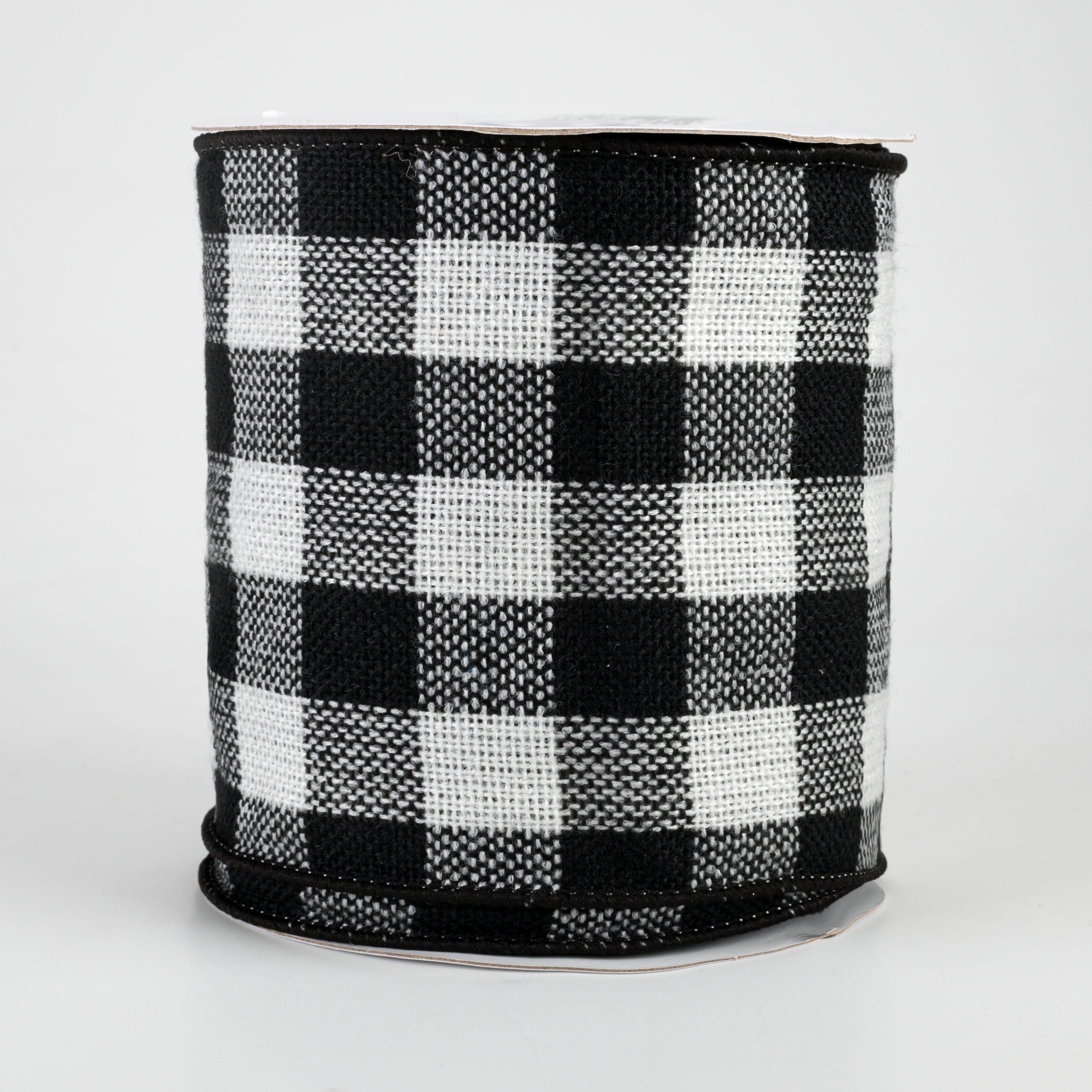4" Woven Flannel Check Ribbon: Black & Off White (10 Yards)