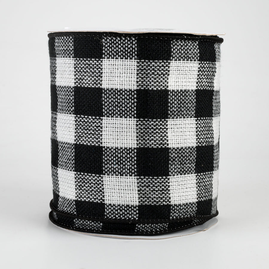 4" Woven Flannel Check Ribbon: Black & Off White (10 Yards)