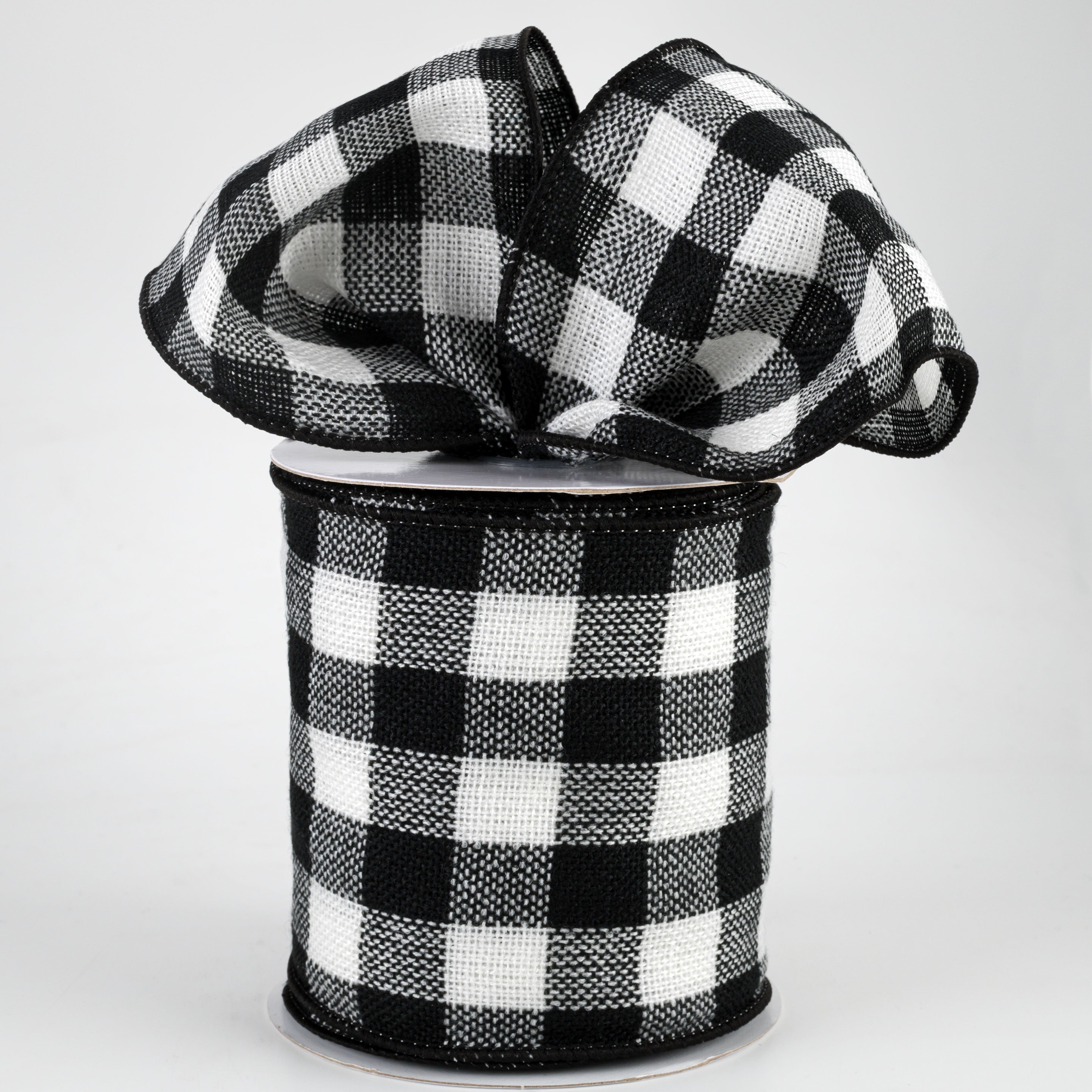 4" Woven Flannel Check Ribbon: Black & Off White (10 Yards)