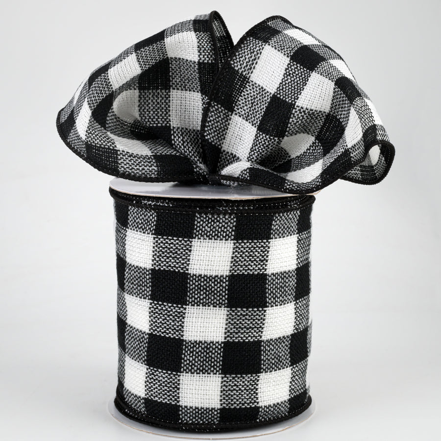 4" Woven Flannel Check Ribbon: Black & Off White (10 Yards)