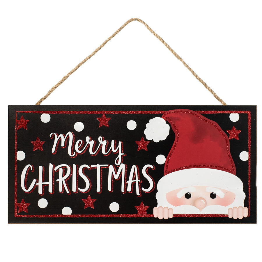 12" Wooden Sign: Christmas Glitter Peeking Santa