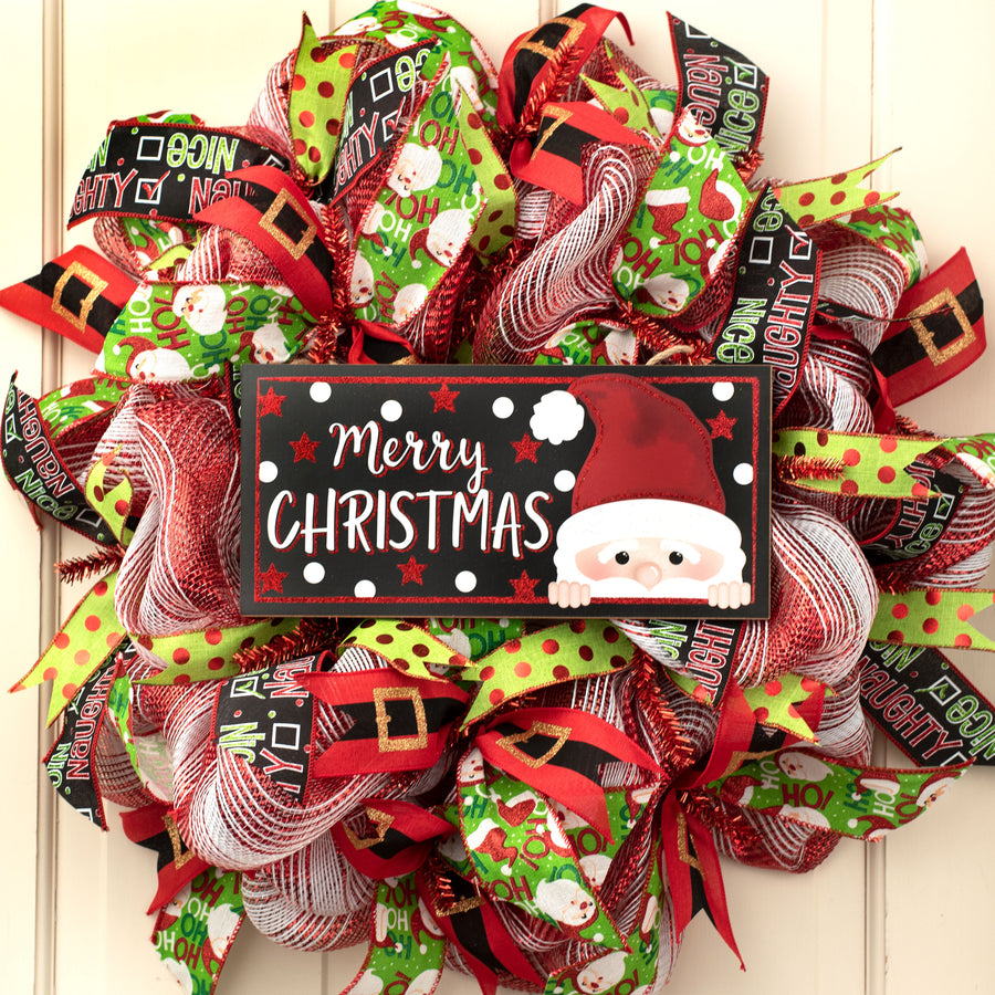 12" Wooden Sign: Christmas Glitter Peeking Santa