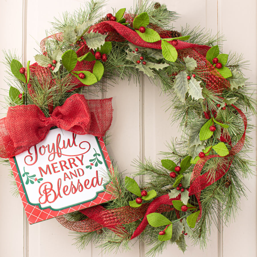 10" Square Wooden Sign: Joyful, Merry, Blessed
