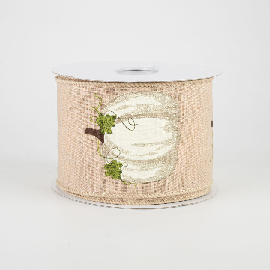 2.5" Pumpkins With Leaves Ribbon: Tan & Cream (10 Yards)