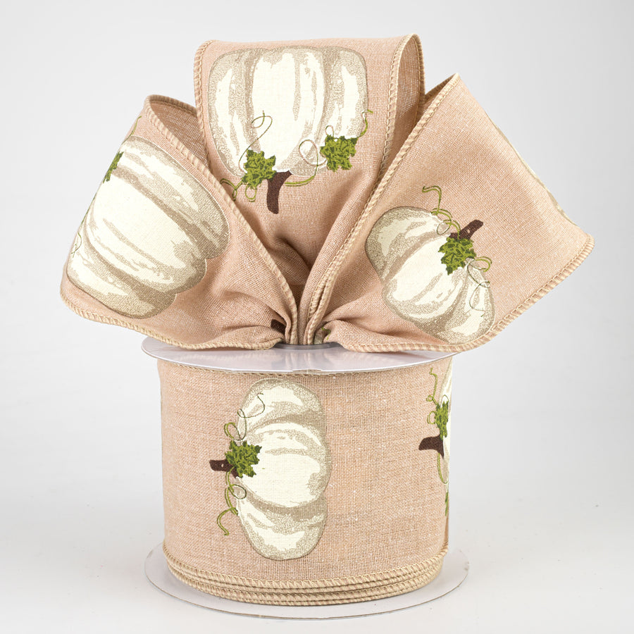 2.5" Pumpkins With Leaves Ribbon: Tan & Cream (10 Yards)