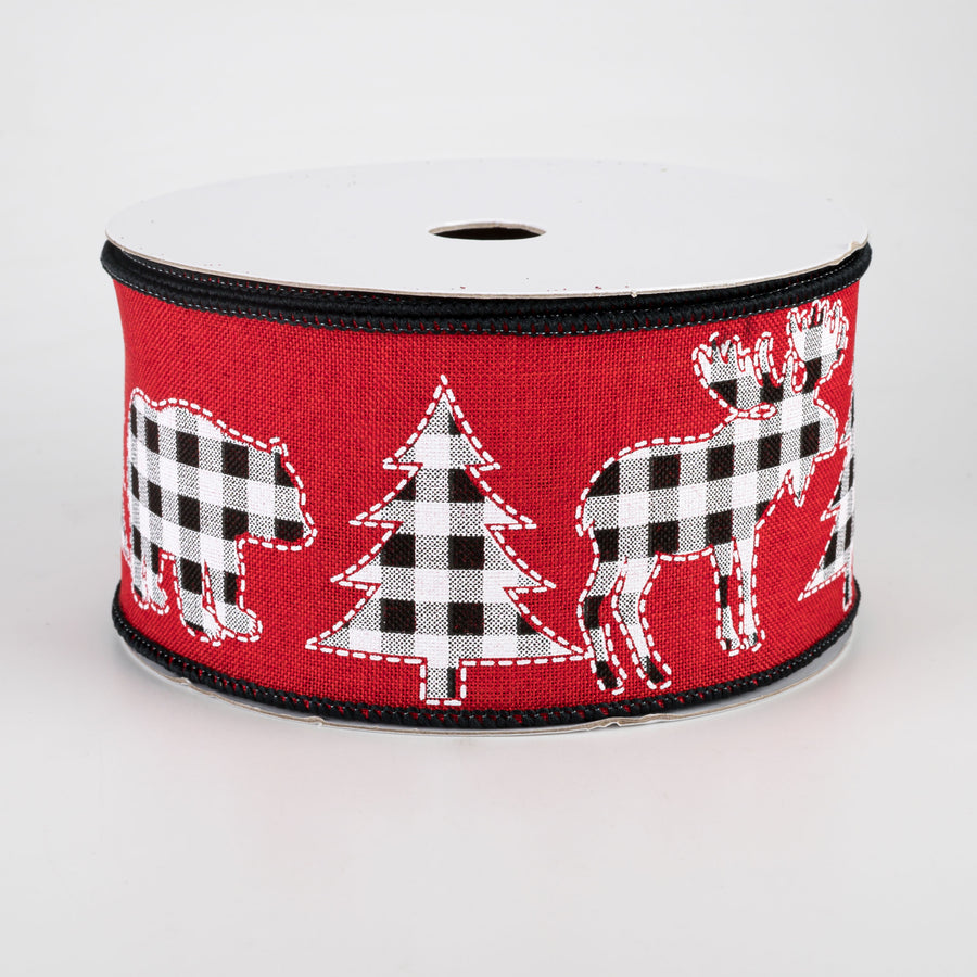 2.5" Check Bear, Moose, Tree Ribbon: Red (10 Yards)