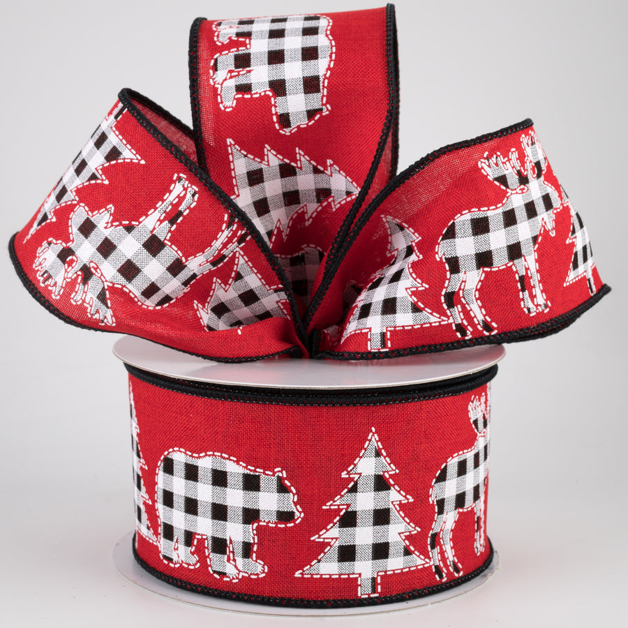 2.5" Check Bear, Moose, Tree Ribbon: Red (10 Yards)