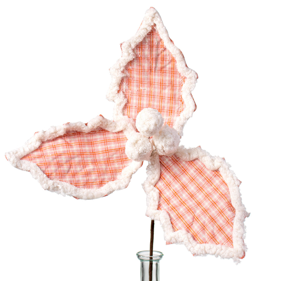 13" Frosted Plaid Holly Leaves Stem: Pink & Ivory