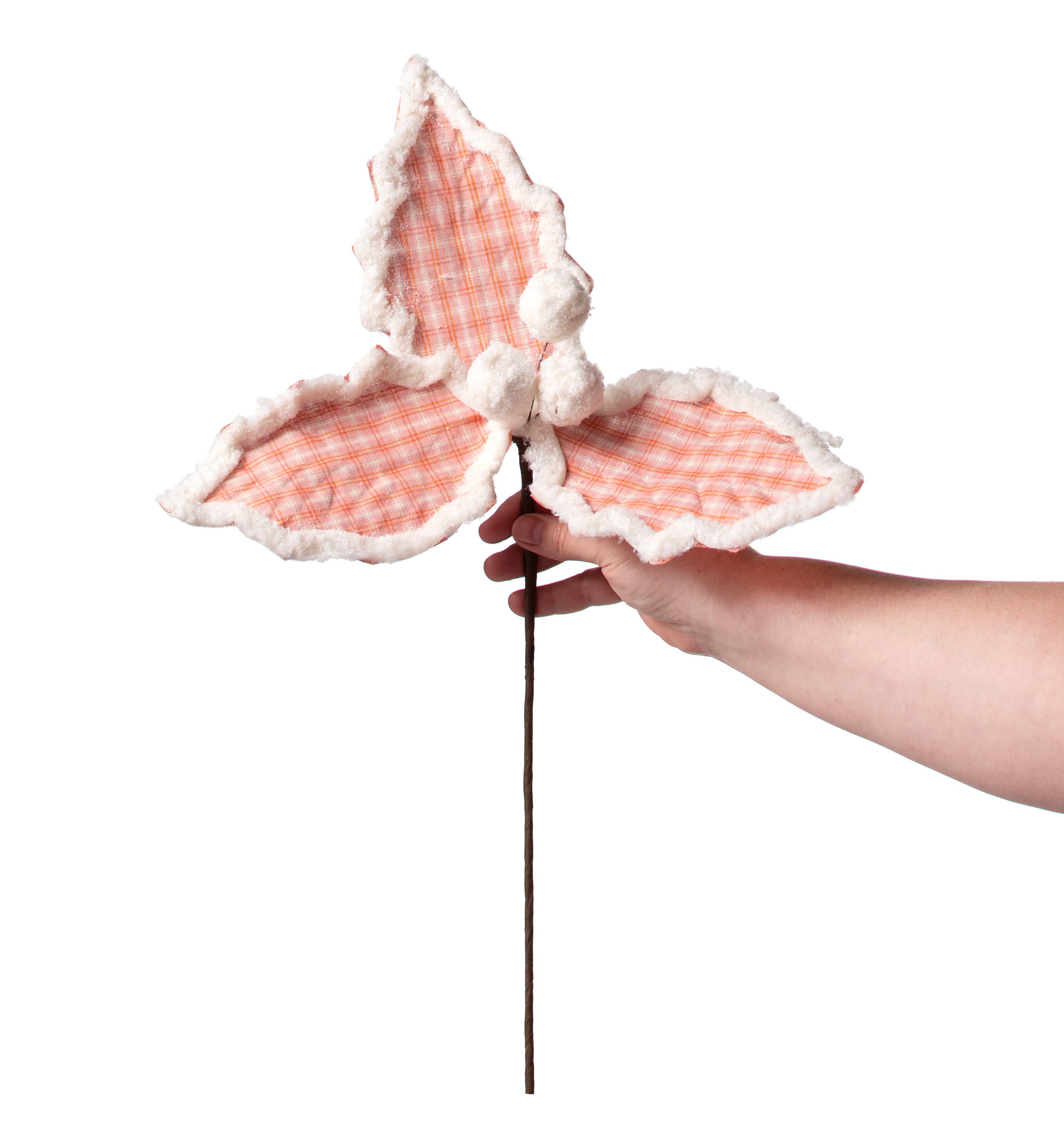 13" Frosted Plaid Holly Leaves Stem: Pink & Ivory