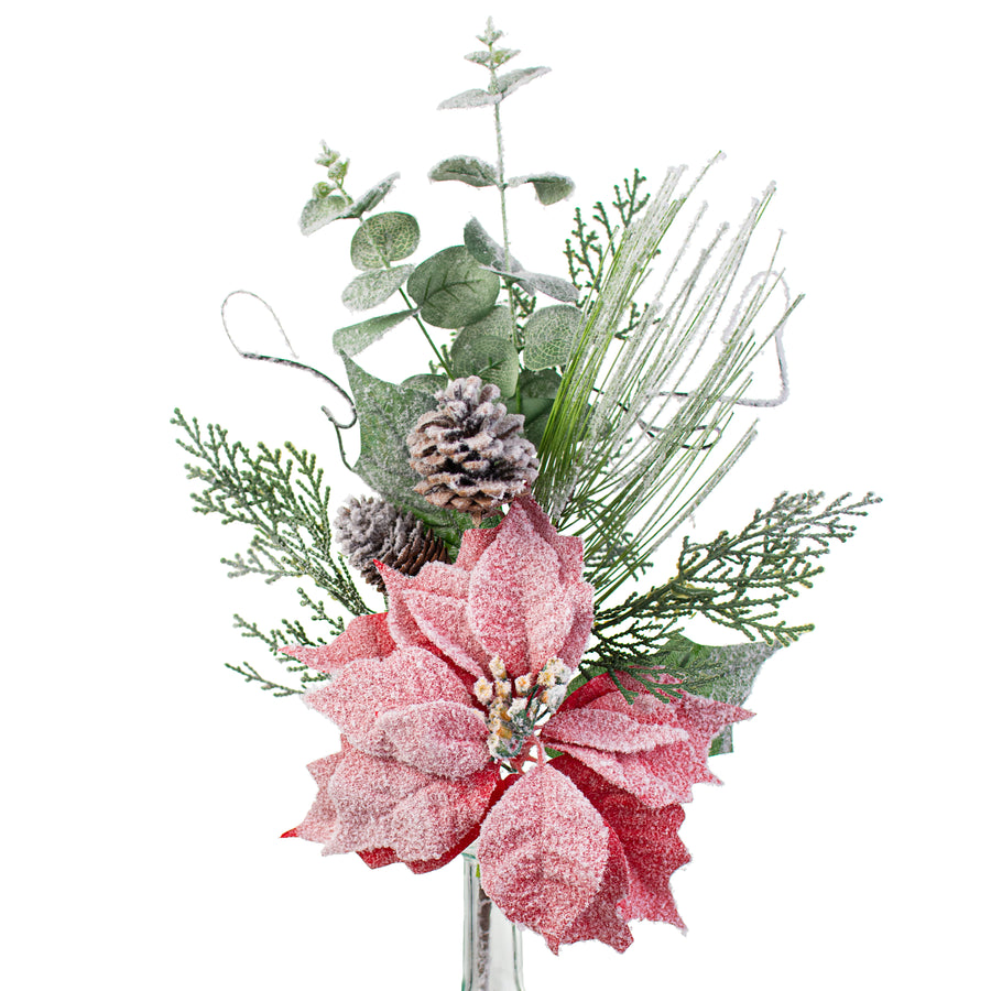 20" Snow Frosted Poinsettia Eucalyptus Pick