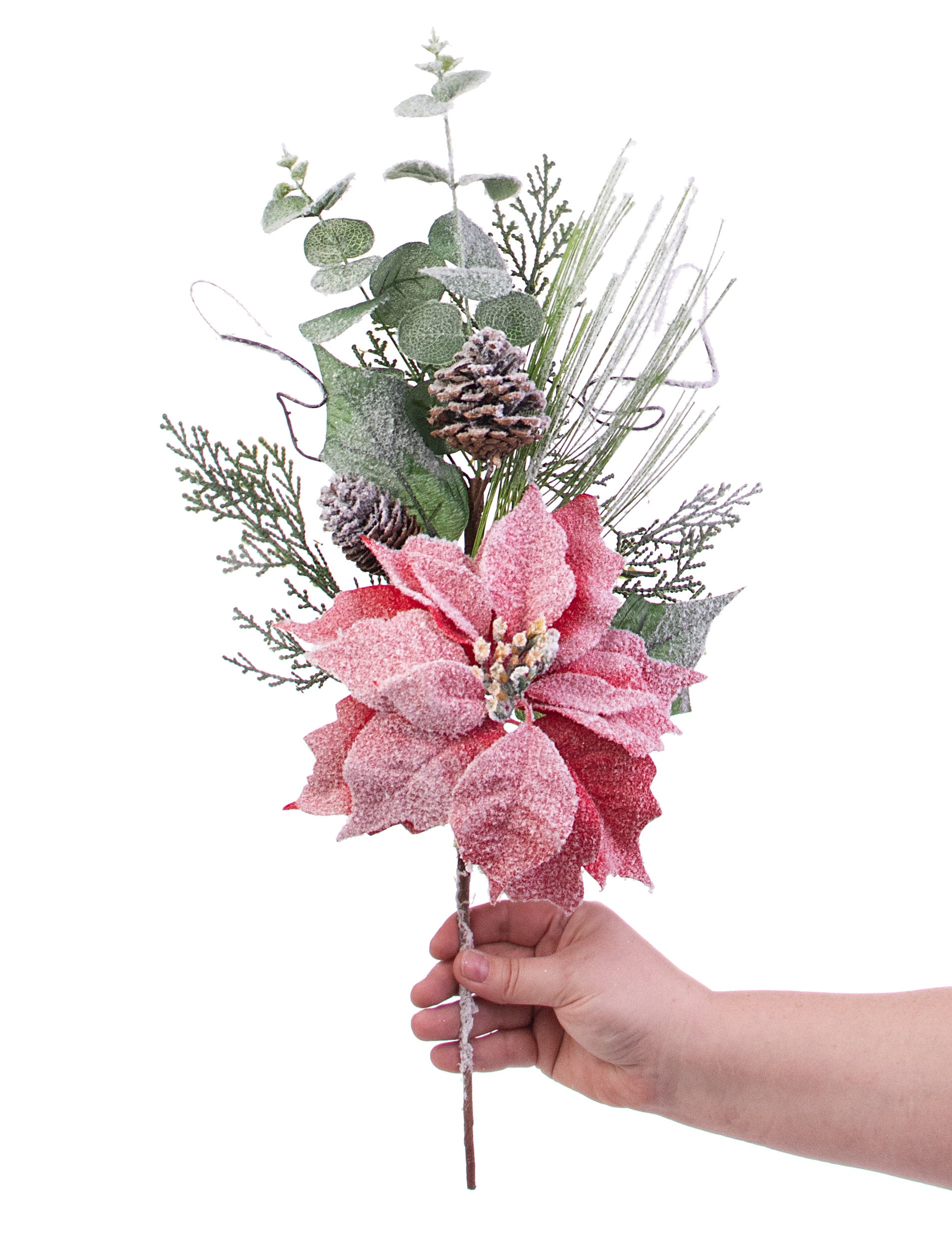 20" Snow Frosted Poinsettia Eucalyptus Pick