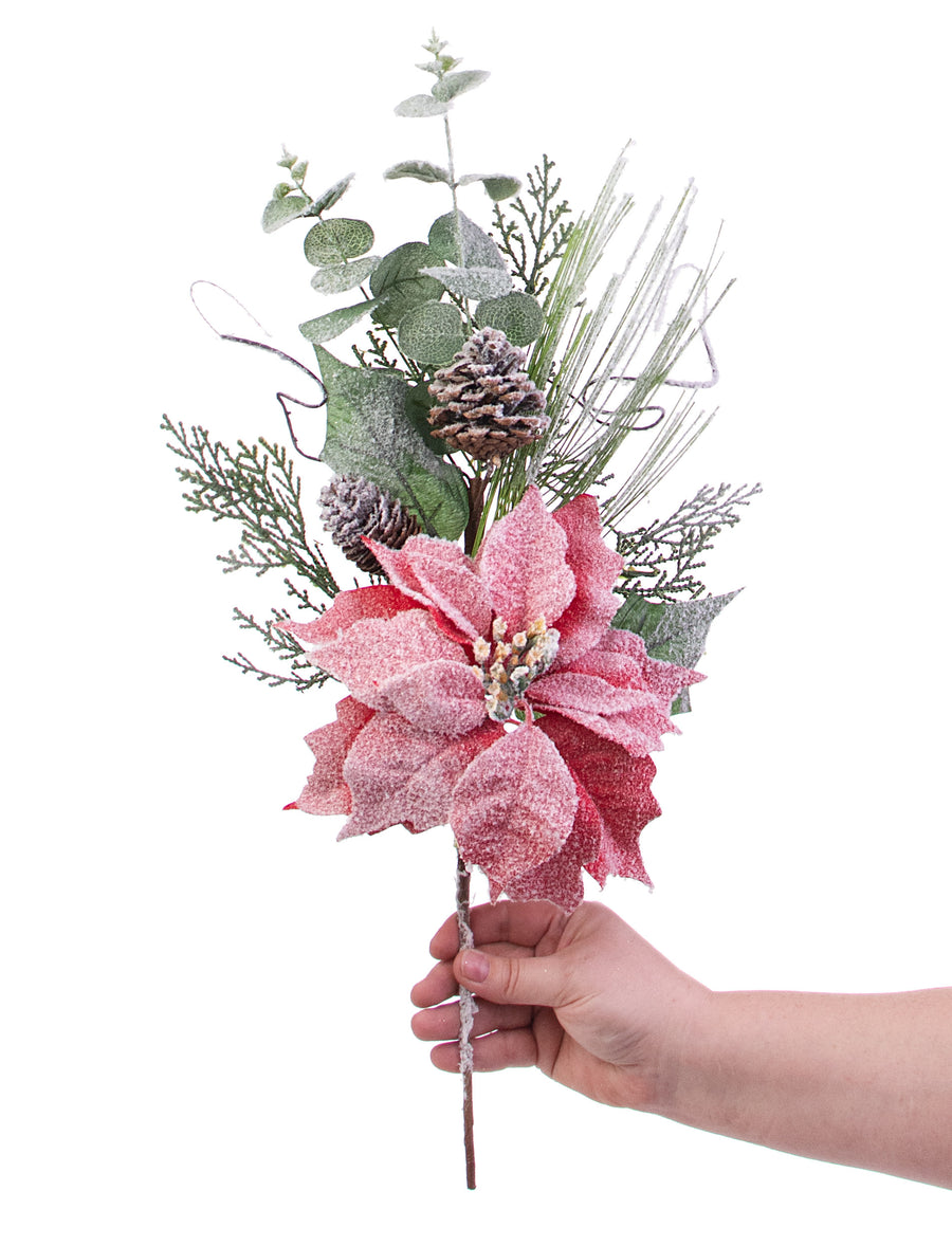 20" Snow Frosted Poinsettia Eucalyptus Pick