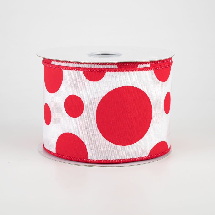 2.5" Giant Three Size Polka Dot Ribbon: White & Red (10 Yards)