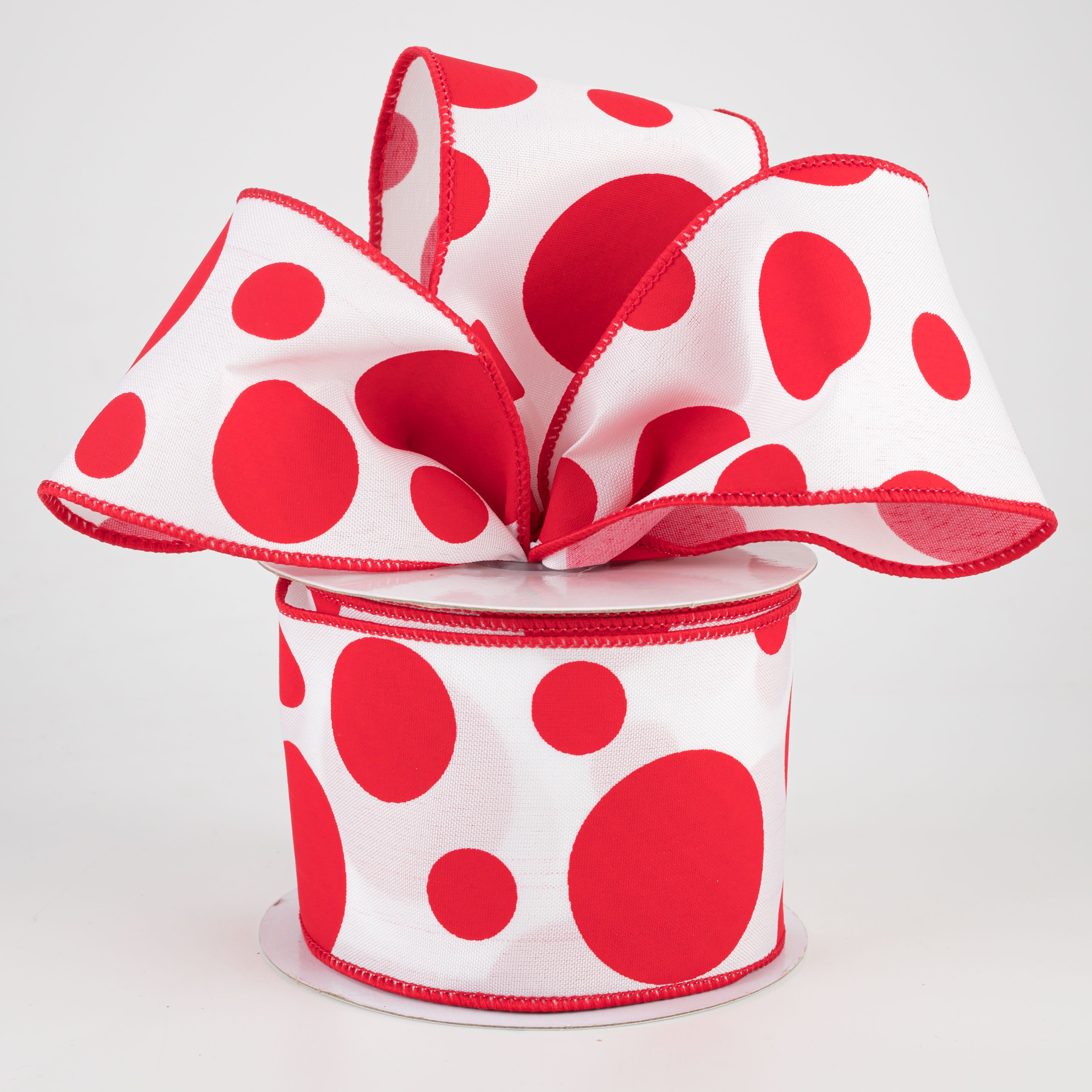 2.5" Giant Three Size Polka Dot Ribbon: White & Red (10 Yards)