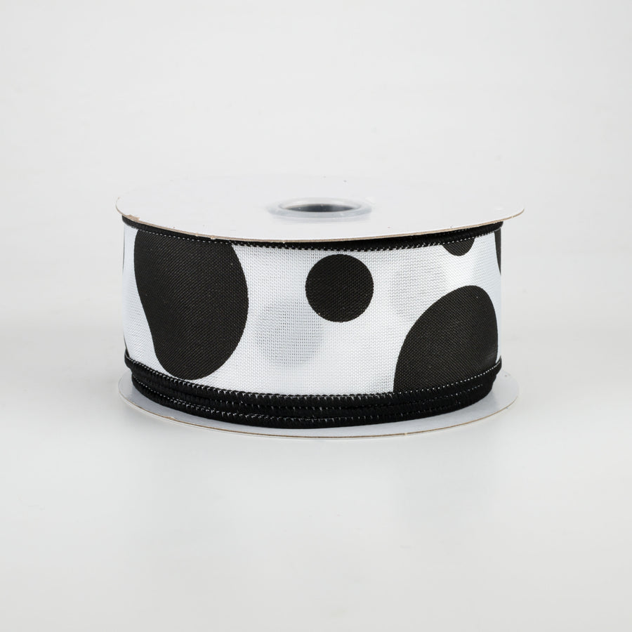 1.5" Giant Three Size Polka Dot Ribbon: White & Black (10 Yards)