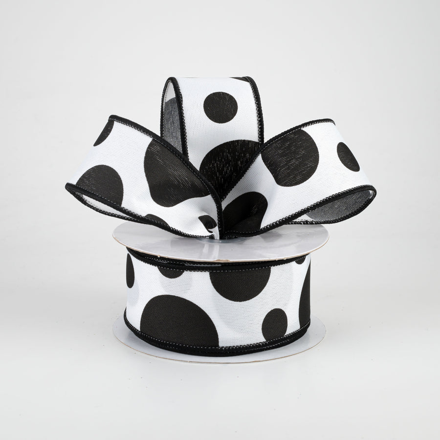 1.5" Giant Three Size Polka Dot Ribbon: White & Black (10 Yards)