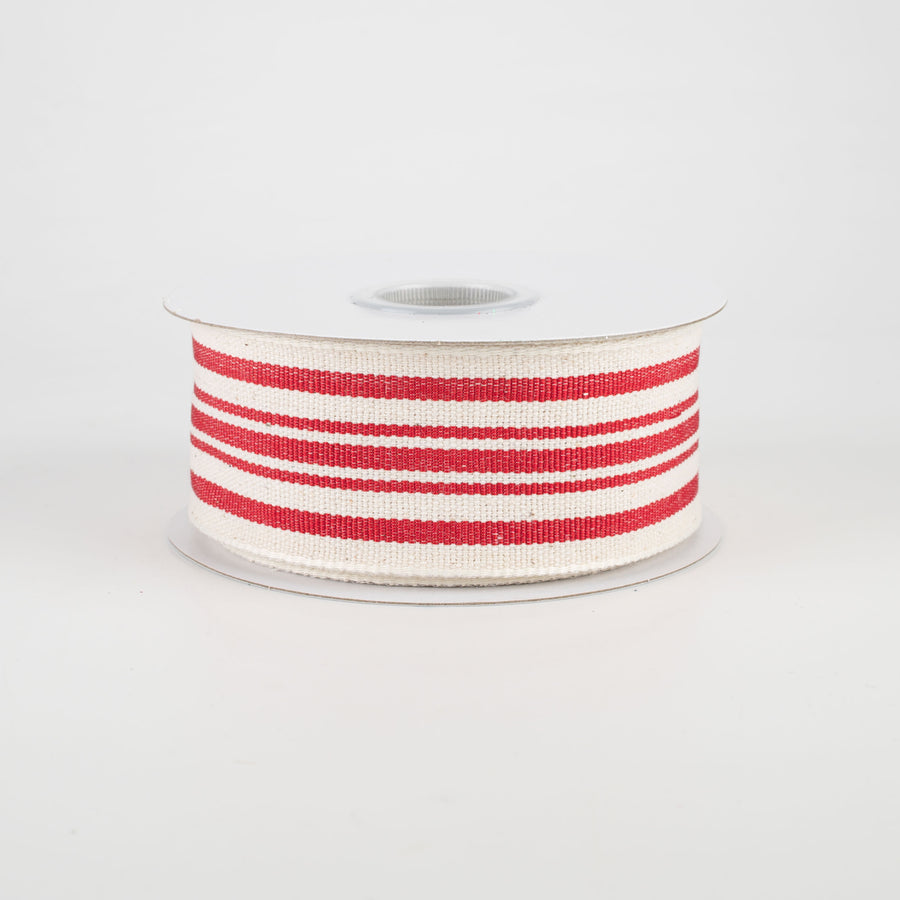 1.5" French Ticking Stripe Ribbon: Ivory & Red (10 Yards)