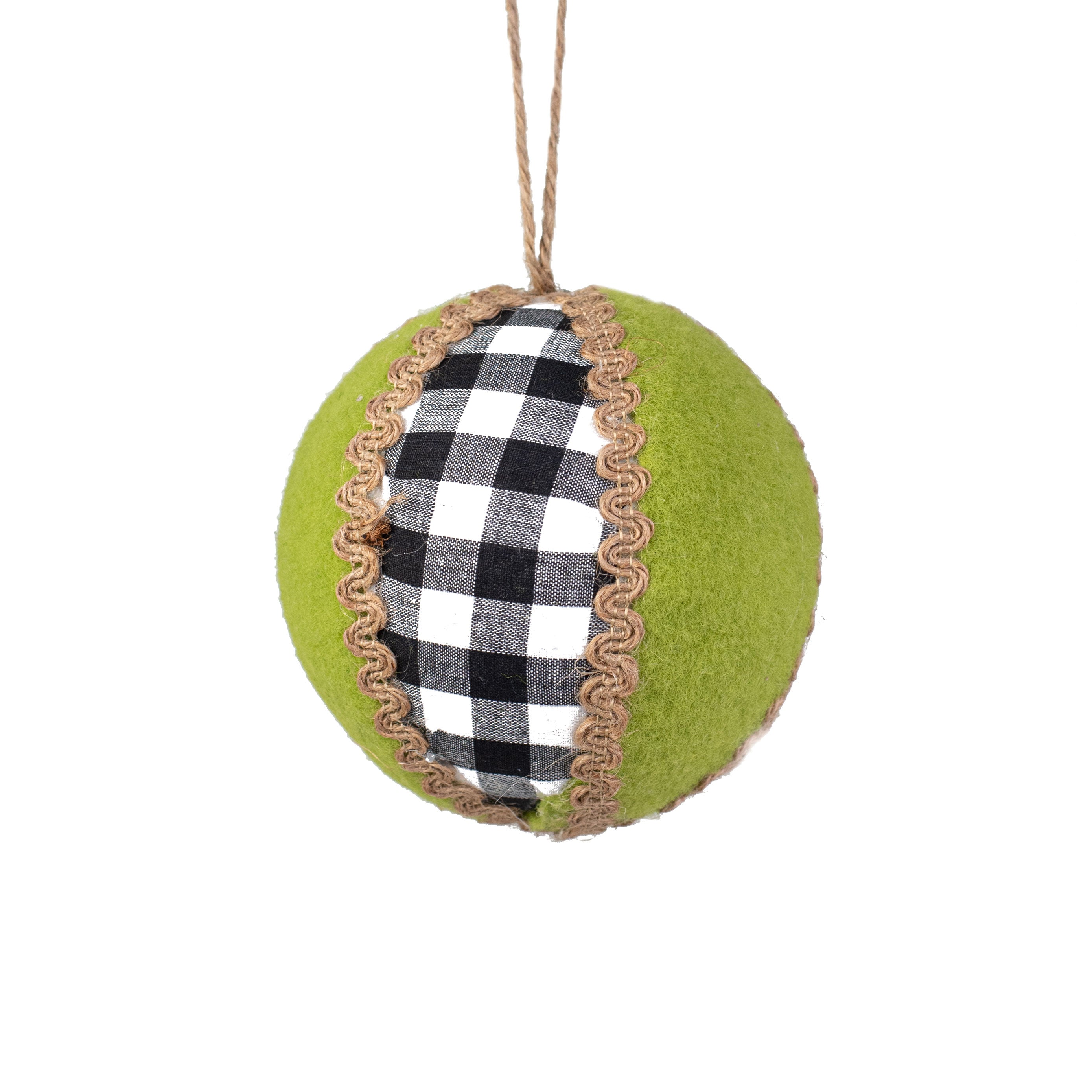 4" Gingham, Felt, Jute Ball Ornament: Black, White, Green
