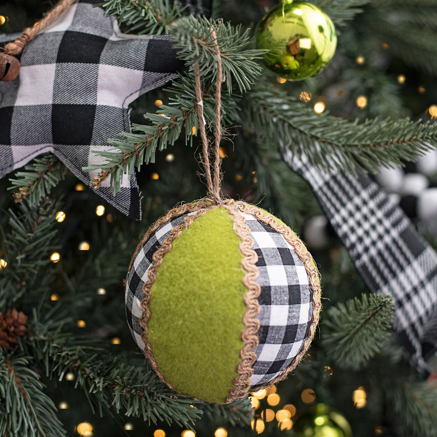 4" Gingham, Felt, Jute Ball Ornament: Black, White, Green