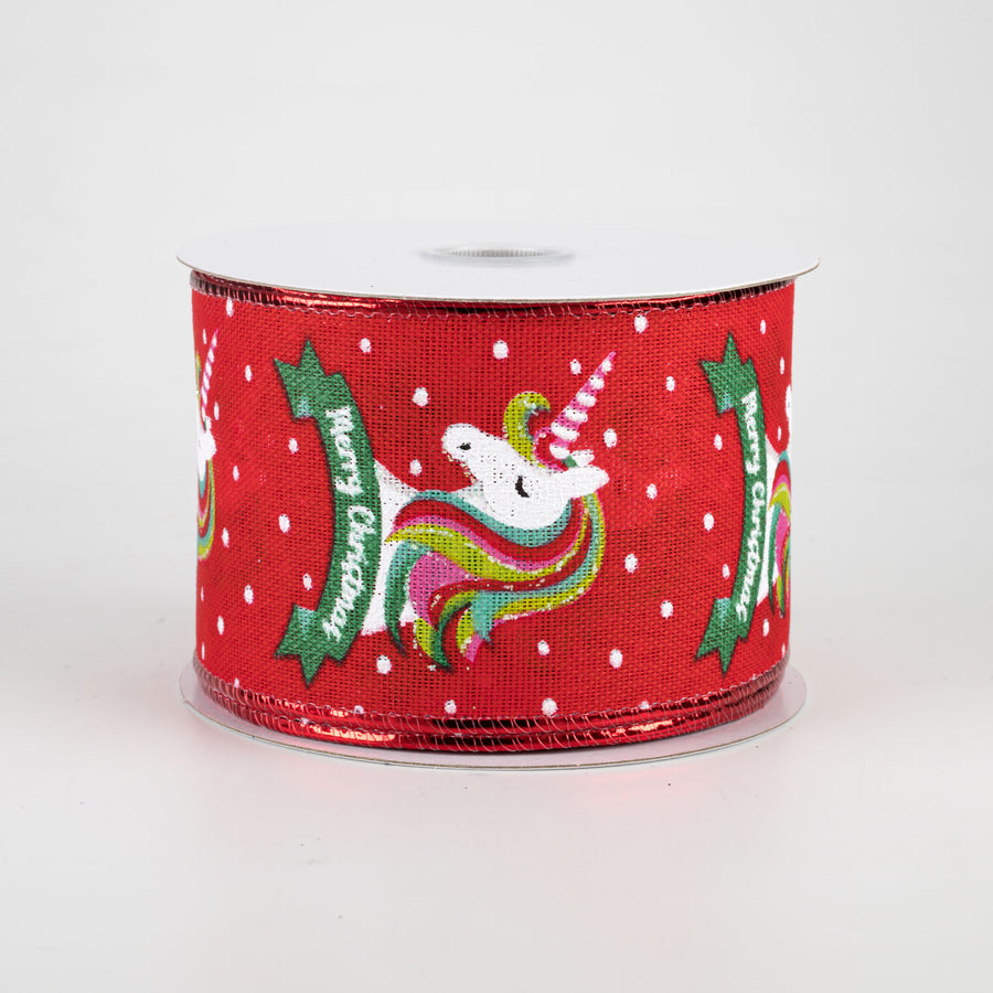 2.5" Christmas Unicorn Linen Ribbon: Red (10 Yards)